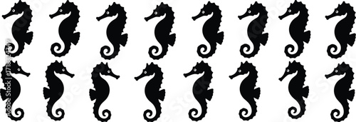Seahorse silhouette pattern, marine animal design, black seahorses, ocean life art, aquatic symmetry, underwater theme, decorative sea creature illustration