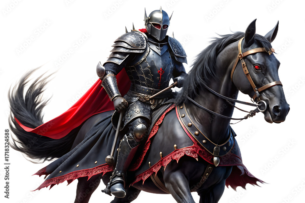 Fototapeta premium Dark Knight Warrior on cutout Png Black War Horse with Red Cape isolated on a transparent background