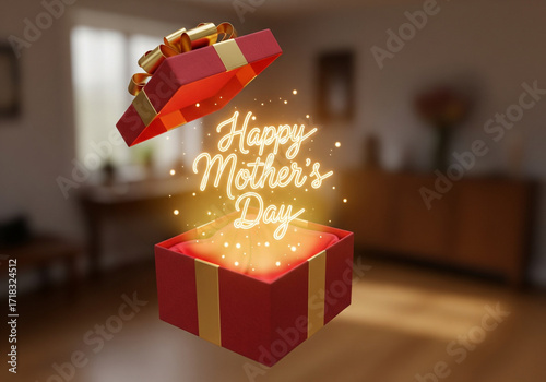  3D render of gift box opening with “Happy Mother’s Day” light
