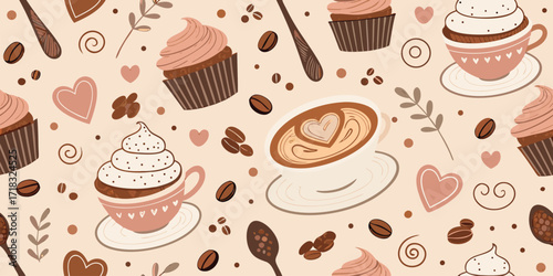 Seamless pattern with coffee cups cupcakes and hearts creating a cozy and sweet background design