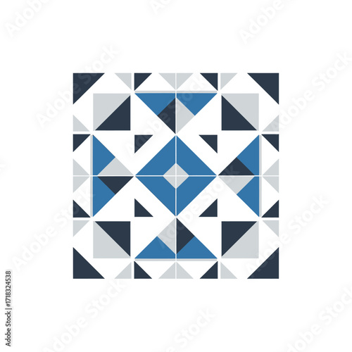 Symmetrical geometric tile pattern featuring an abstract mosaic of blue, grey, and white triangles and squares on a white background.