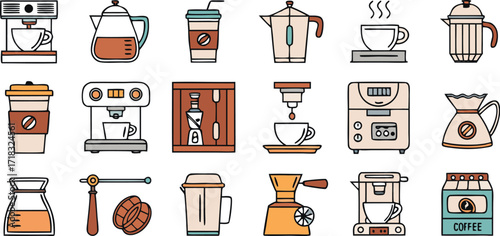Assorted coffee brewing equipment and containers displayed in a neat and organized arrangement