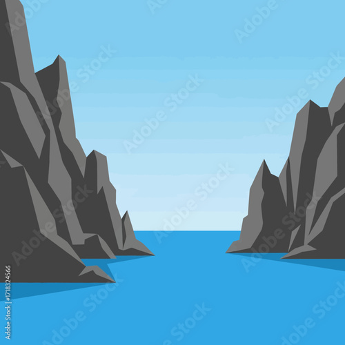 A minimalist vector illustration depicting a narrow sea passage between two towering, dark rocky cliffs under a clear blue sky.
