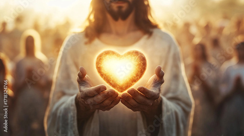 Close-up of Jesus holding a glowing heart in His cupped hands, surrounded by soft morning mist and gentle sunbeams breaking through clouds, with diverse people in prayer in the blu