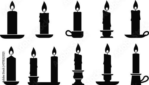 Silhouette candle icons, vintage wax flames, ornate holders, black vector set, spiritual decor, gothic clipart, minimalist candle illustrations