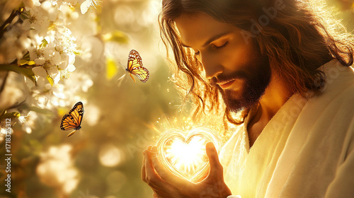 Close-up of Jesus holding a radiant heart, surrounded by spring blossoms and butterflies shimmering in sunlight