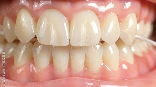 Close-up of a healthy mouth flossing teeth for dental hygiene and oral care.