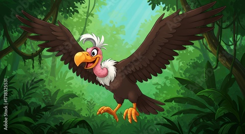 Cartoon vulture flying in lush jungle
