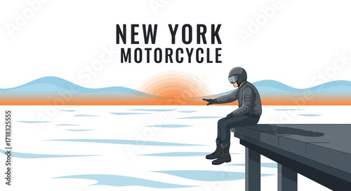A contemplative motorcyclist sits on a pier in New York state at sunrise overlooking a tranquil lake