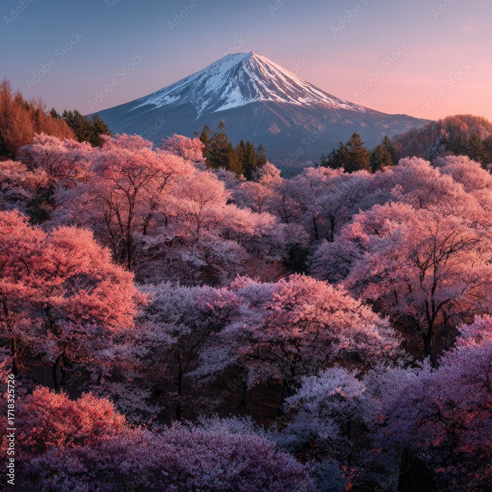Fototapeta premium A stunning vista of cherry blossoms against a backdrop of a snow-capped mountain, bathed in the soft light of dawn.