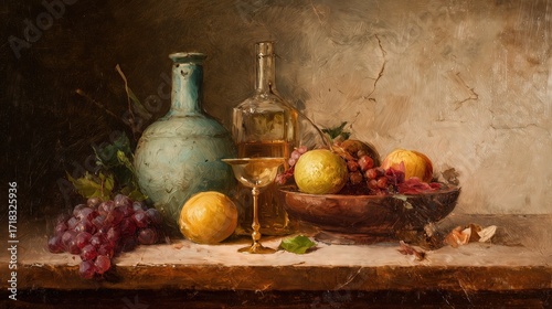 Still life oil painting with fruit, bottle, and golden goblet.