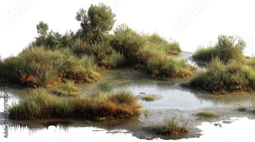 PNG of Serene wetland landscape with lush greenery and reflections in calm water, creating a tranquil natural habitat.