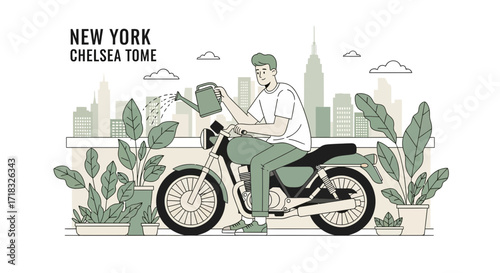 A whimsical illustration of a man watering plants from his motorcycle in New York