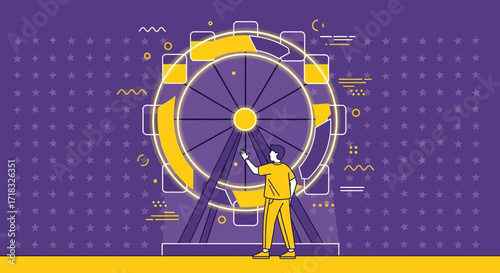A whimsical illustration of a man reaching for a vibrant Ferris wheel in the night