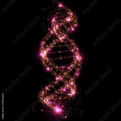 A vibrant, spiral-shaped DNA molecule, composed of glowing pink and gold particles, elegantly depicts the complex structure of life.