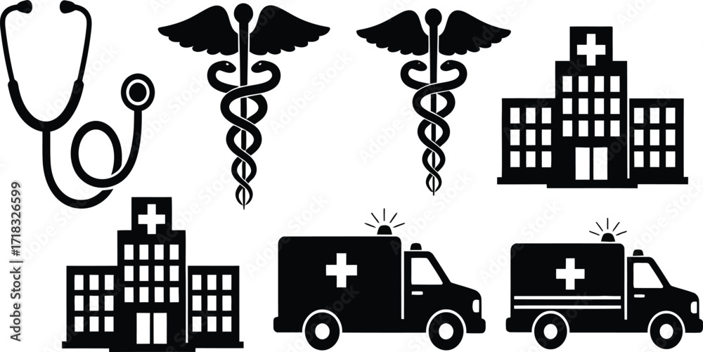 Fototapeta premium Black medical icons stethoscope caduceus hospital building and ambulance medical symbol