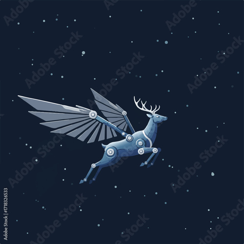 A robotic deer with mechanical wings flies through a starry night sky