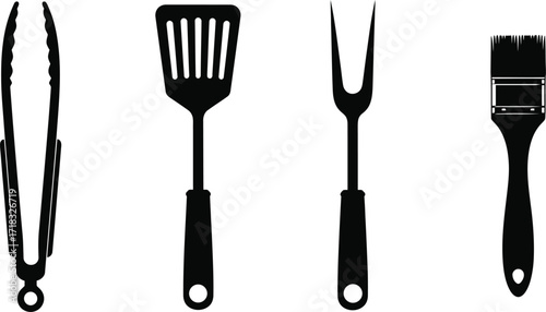 Black silhouette icons of barbecue grilling tools including tongs, spatula, fork, and brush
