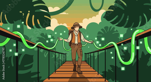 Adventurer navigating a digital jungle bridge illustration with vibrant foliage and soft light