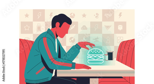 Augmented reality restaurant concept illustrating a man ordering a digital burger at a diner scene