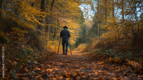 A person uses a metal detector in an autumn forest, surrounded by fallen leaves, warm colors, and a calm, exploratory atmosphere.