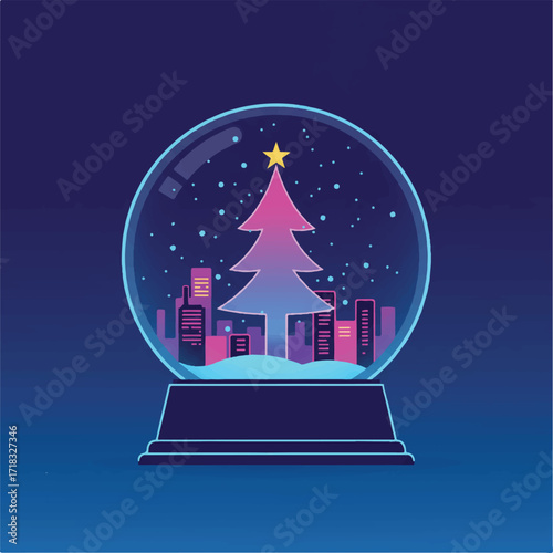 A snow globe shows a pink and blue Christmas tree city skyline and falling snow