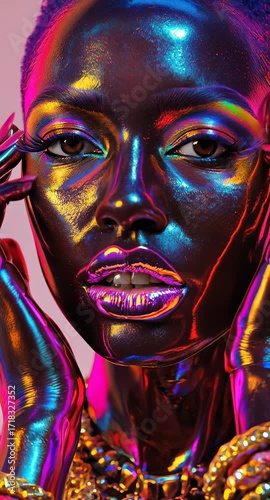 Model showcasing glossy iridescent finish with vibrant colors in artistic closeup