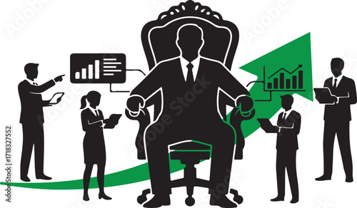 Business Leader on Throne Overseeing Team with Growth Charts executive boss