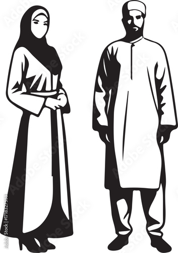 Vector art of muslim couple in traditional dress in vector art