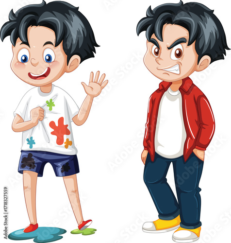 Boy with Paint Splatters, Happy and Angry Expressions