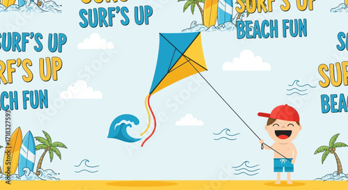 Cartoon Summer beach fun with boy flying kite and surfboards seamless vector background illustration