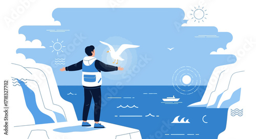 Coastal Freedom: A Man Embracing Nature's Beauty with Open Arms and a Seagull in Flight