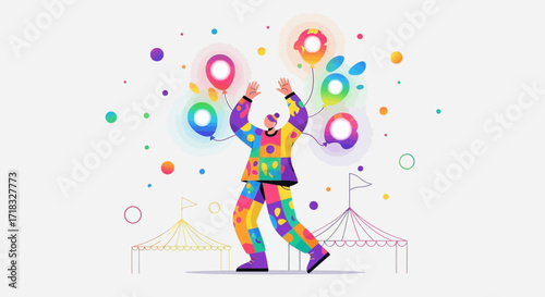 Colorful clown character juggling balloons in a vibrant carnival or circus setting with tents