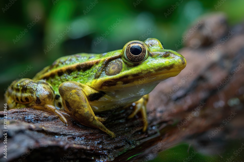 Fototapeta premium Frog On A Log. Close-up of Green Amphibian Wildlife in Nature Habitat