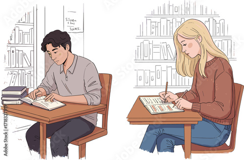 Students studying in library, focused learning, academic environment, homework time, education concept, school research, quiet workspace, knowledge pursuit, university life, reading books