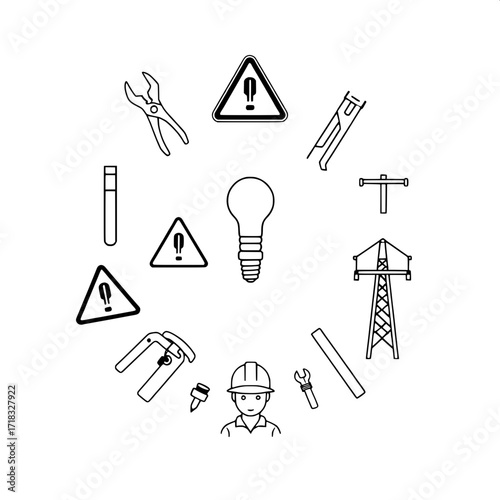 “Clean, stylized line art graphic showing elements of electrical work: utility pole, warning sign with lightning, power tower, electrician with hard hat, pliers, screwdriver and wrench, caliper, linem