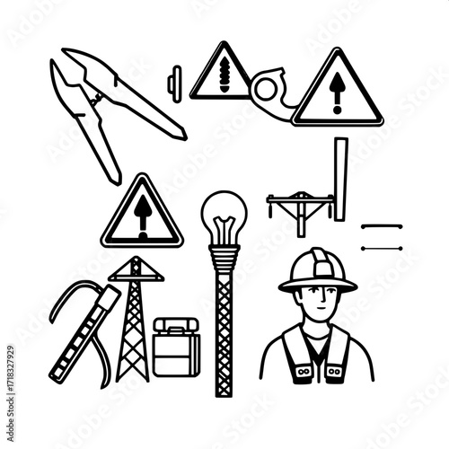 “Clean, stylized line art graphic showing elements of electrical work: utility pole, warning sign with lightning, power tower, electrician with hard hat, pliers, screwdriver and wrench, caliper, linem
