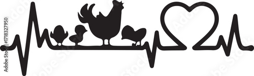 Vector art of chicken family heartbeat, farm animal love concept