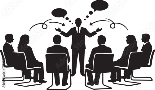 Business meeting with speaker and attendees in silhouette with speech bubbles discussion