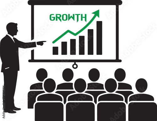 Business speaker presenting the word GROWTH with a rising graph to an attentive audience