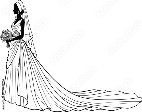 Beautiful bride silhouette, elegant wedding gown illustration, woman holding bouquet, bridal fashion design, long dress train vector, marriage ceremony artwork image