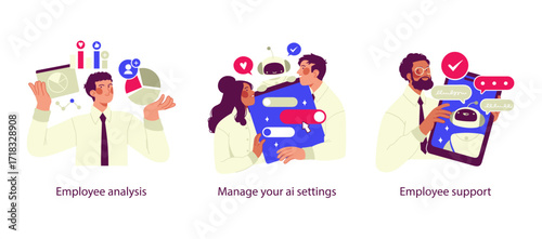 Vector illustrations representing AI in workplace: analyzing employee performance with data charts, managing AI settings with chatbots, and providing employee support through AI assistance.