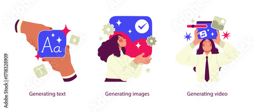 Vector illustrations showing artificial intelligence used for content generation: creating text, producing images, and generating videos with digital tools and automation.