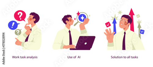 Illustrations of artificial intelligence applied to workplace efficiency, including analyzing tasks, using AI tools, and achieving complete solutions.