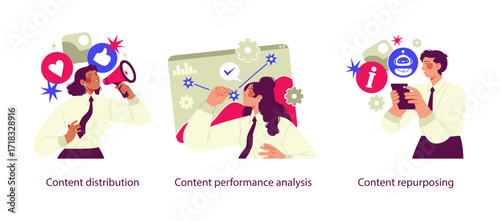 Vector illustrations showing AI in content strategy: distributing content across platforms, analyzing performance with data insights, and repurposing content for new formats and audiences.