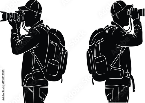 Traveler photographer silhouette, man with camera and backpack, outdoor explorer illustration, adventure photography design, tourist capturing nature, vector artwork image