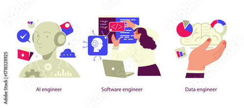 Illustrations showing different technology roles, including AI engineer, software engineer, and data engineer, highlighting their work in artificial intelligence, coding, and data analysis.