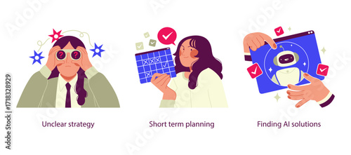 Illustrations representing business challenges and AI assistance, including unclear strategy, short-term planning, and finding solutions through artificial intelligence.