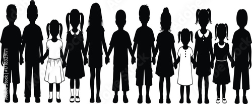 Group of children holding hands silhouette illustration, boys and girls together, unity concept, friendship design, teamwork bonding, community childhood lifestyle