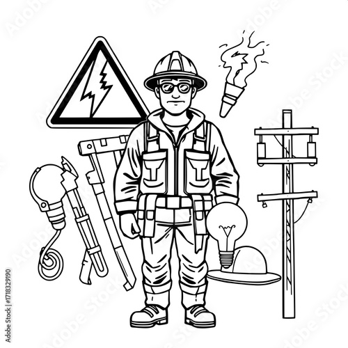 “Clean, stylized line art graphic showing elements of electrical work: utility pole, warning sign with lightning, power tower, electrician with hard hat, pliers, screwdriver and wrench, caliper, linem